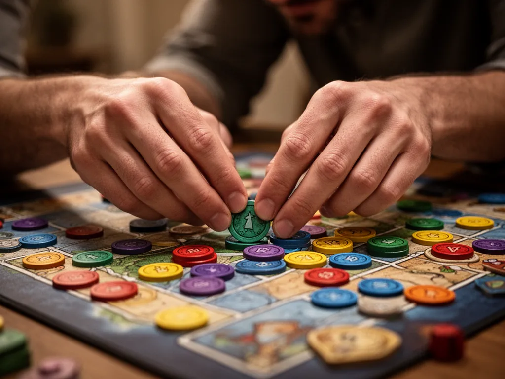 [Player's hands strategically positioning tokens during Magic: The Gathering gameplay]