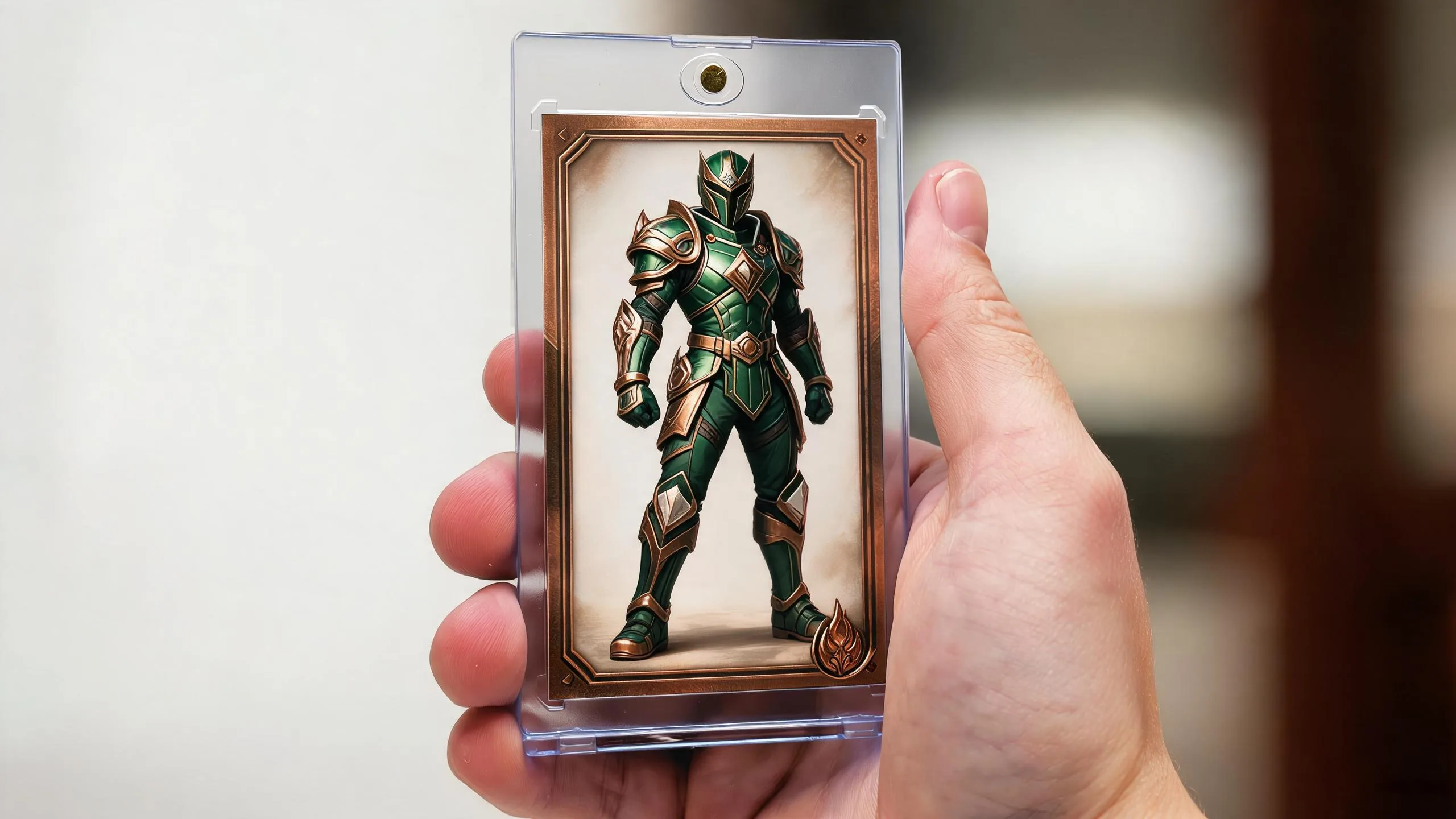 Hand holding mtg token maker style fantasy card in clear magnetic display case.