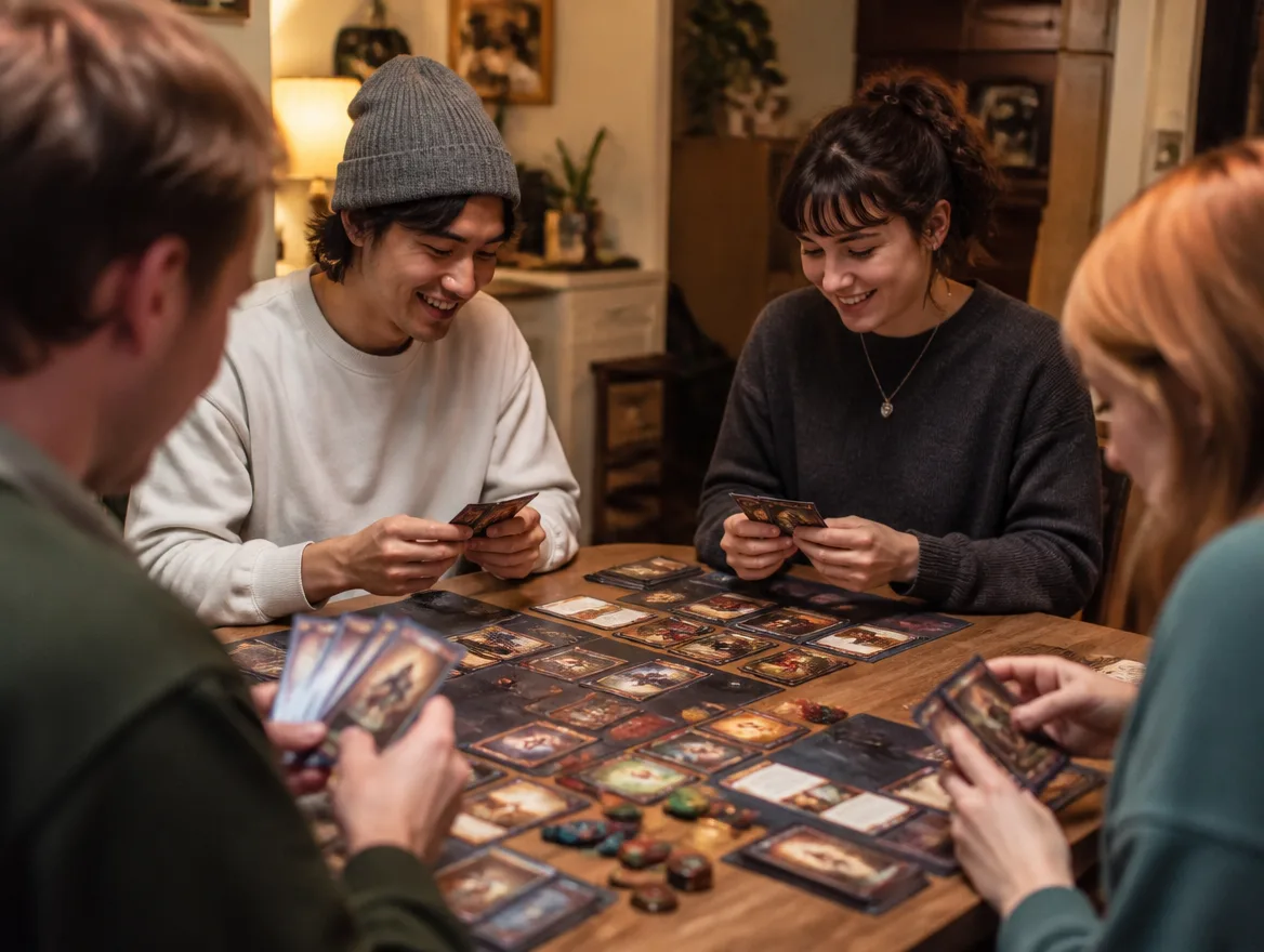 Friends playing a fantasy card game with custom tokens at a table