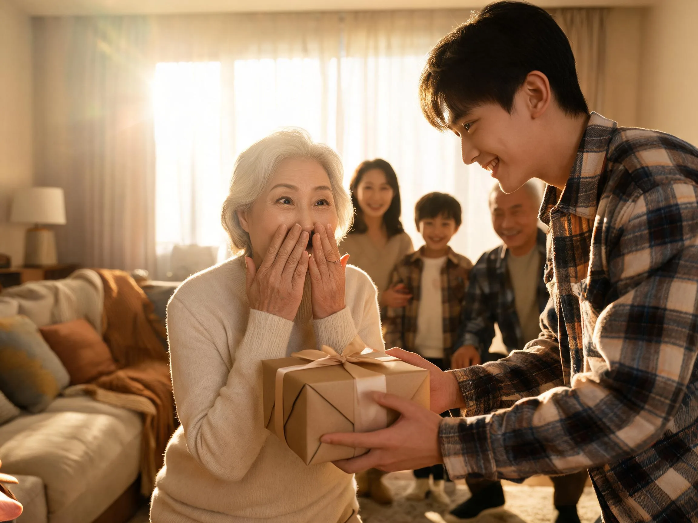 Grandmother reacts with joyful surprise receiving an unexpected gift from family.