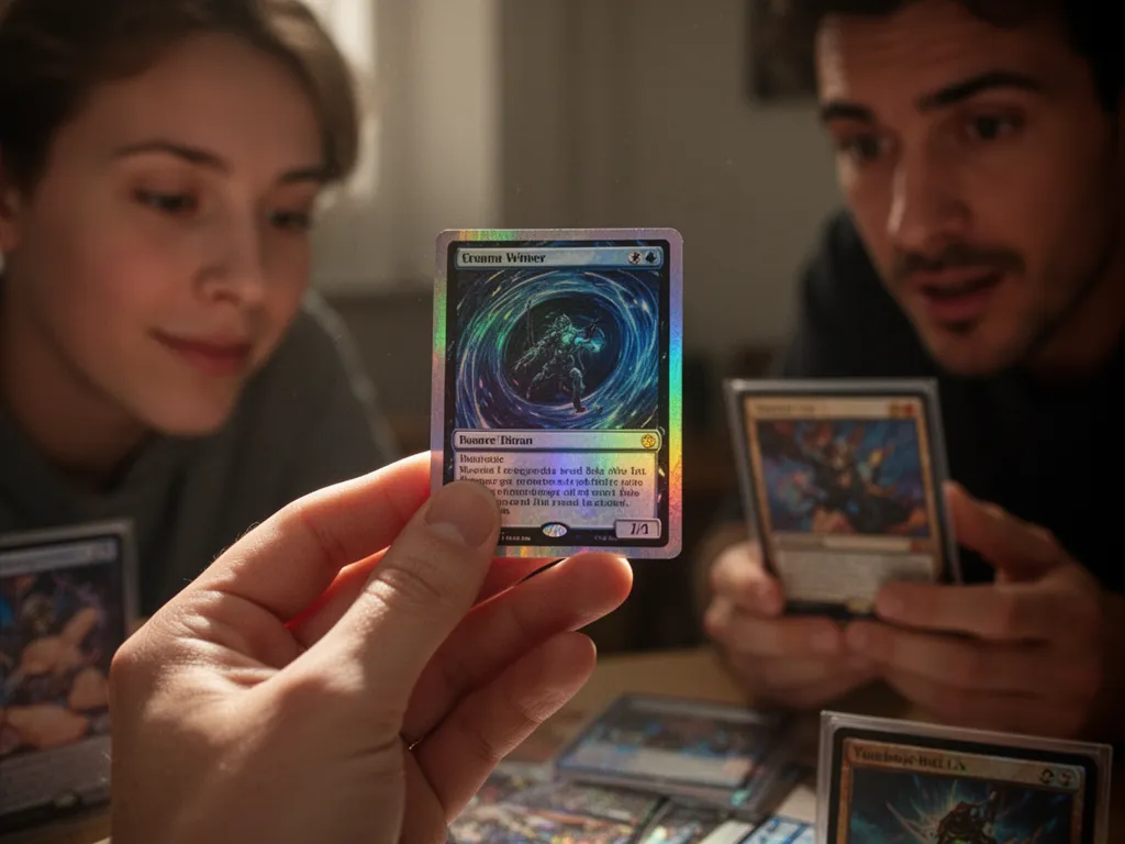 [Close-up of collector's hands holding holographic card up to light examining detail]