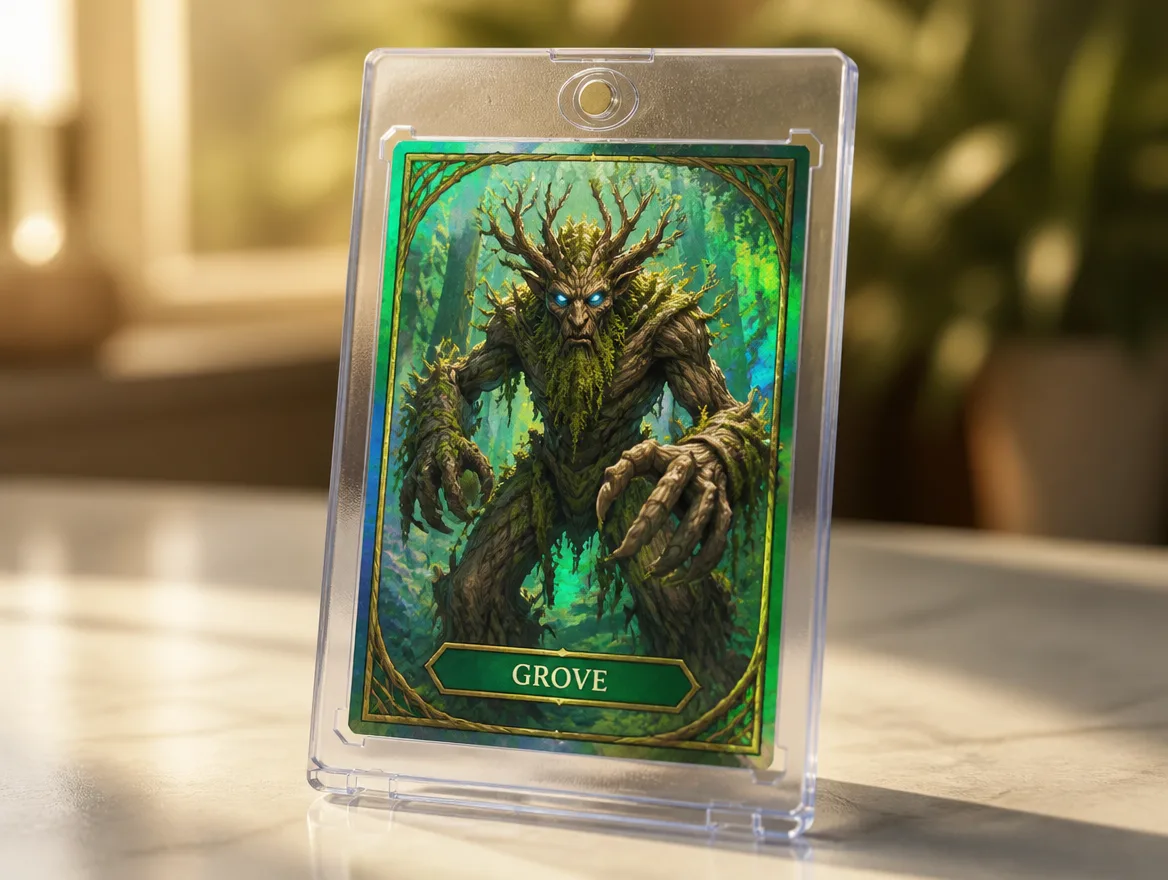 Custom fantasy token card standing in a clear magnetic display case
