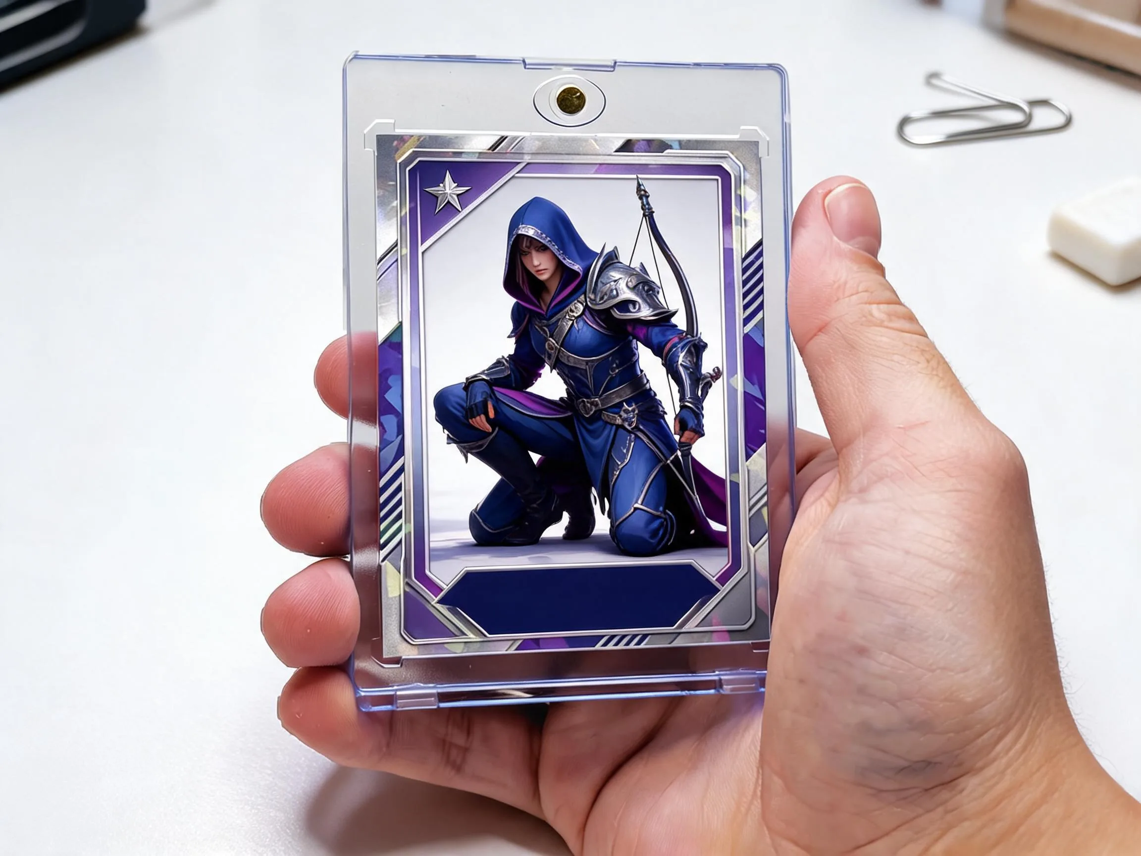 Custom keepsake trading card displayed upright in clear magnetic protective case.