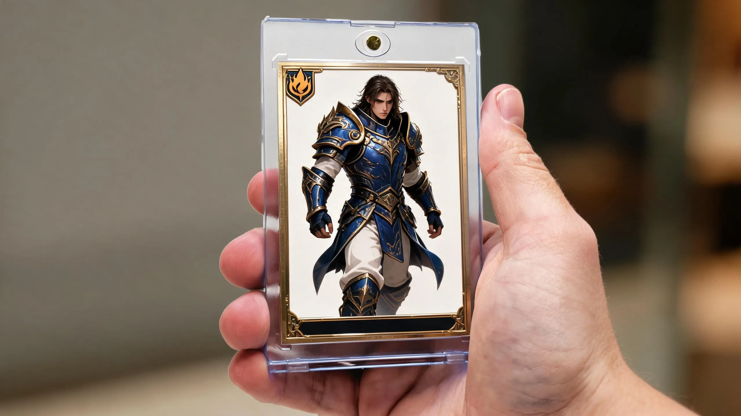 Hand holding magnetic case with fantasy card art, mtg token proxy generator custom card display.