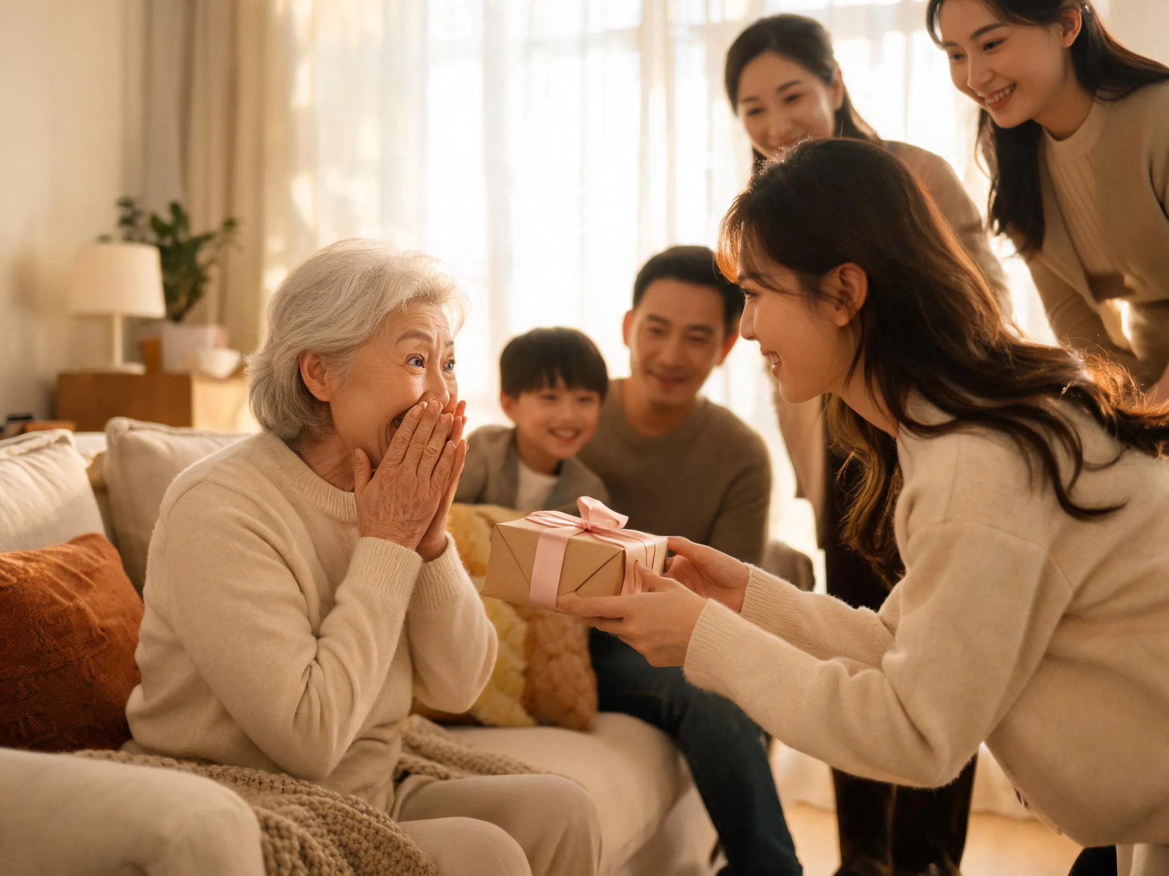 Family member reacting with genuine surprise while receiving an unexpected wrapped gift indoors.