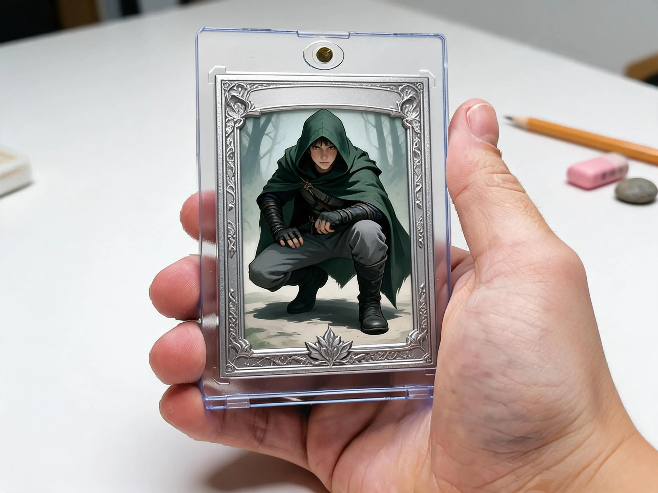 Custom keepsake trading card in magnetic case displayed on white tabletop surface.