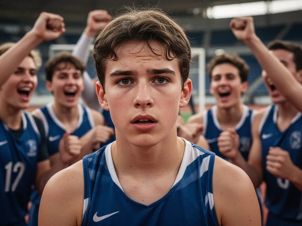 [Young athlete's determined face during competition with blurred teammates celebrating in warm supportive background]