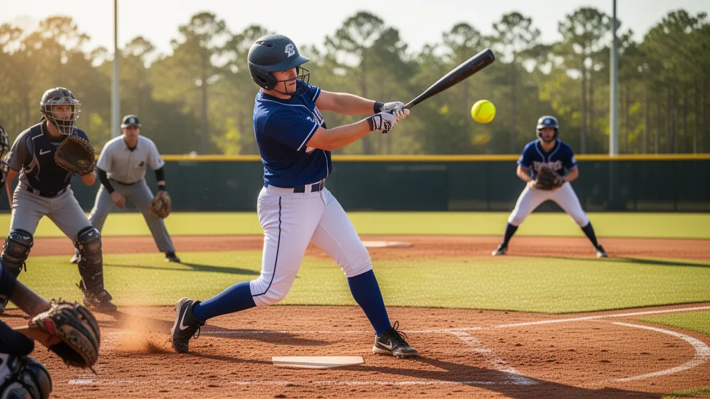 Female softball player swinging bat mid-game with fielders positioned on grass field