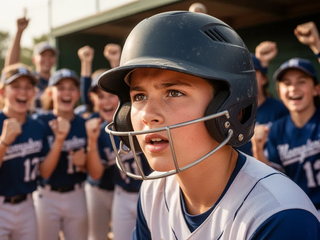 Determined young softball player in helmet with cheering teammates visible in background dugout