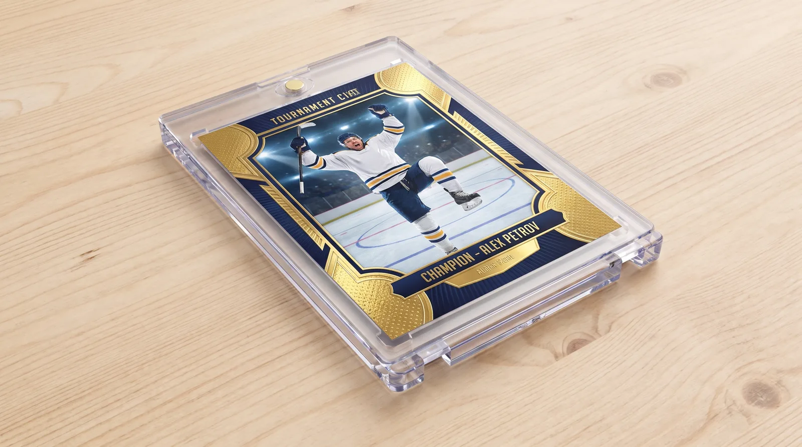 Custom tournament hockey trading card lying flat in its magnetic case on a wooden desk