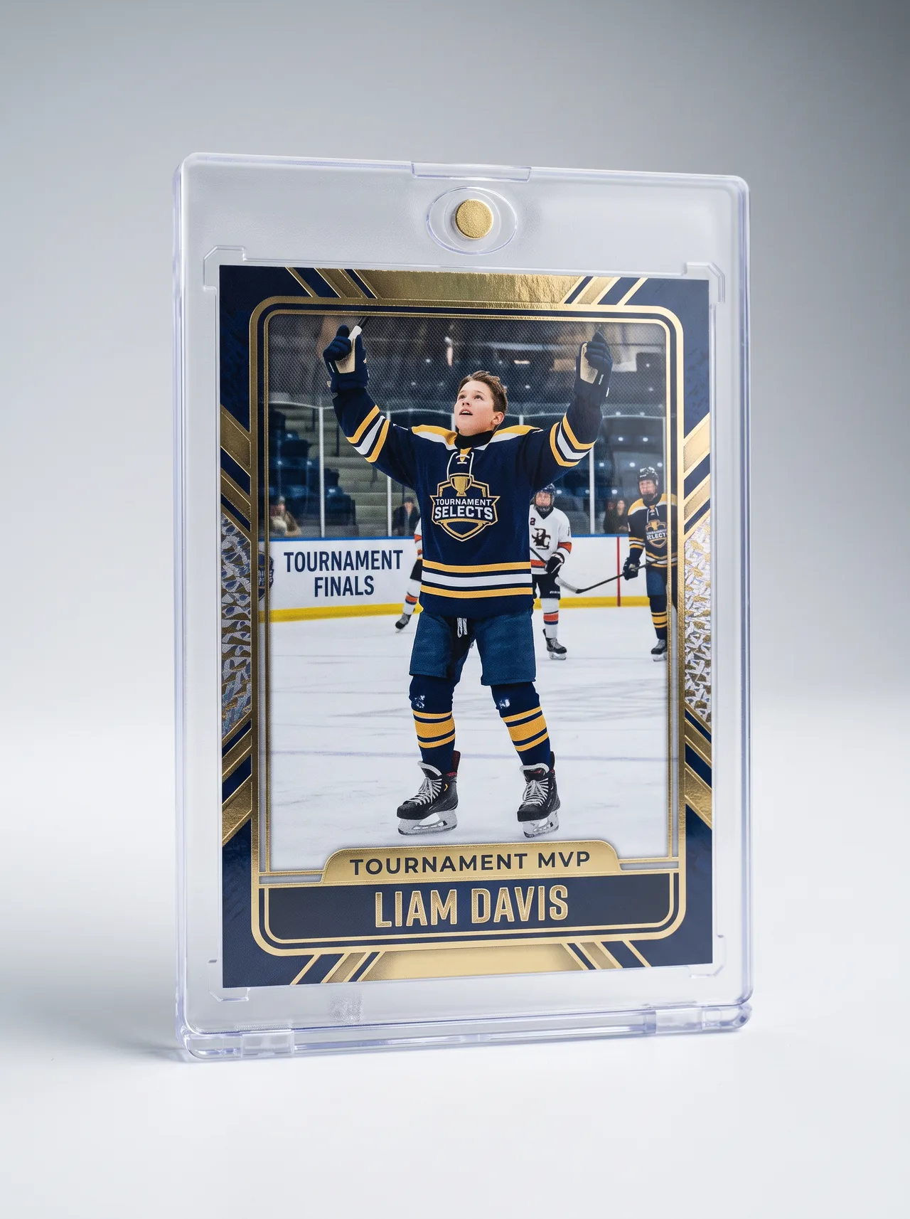 Custom tournament hockey trading card standing upright in a clear magnetic display case