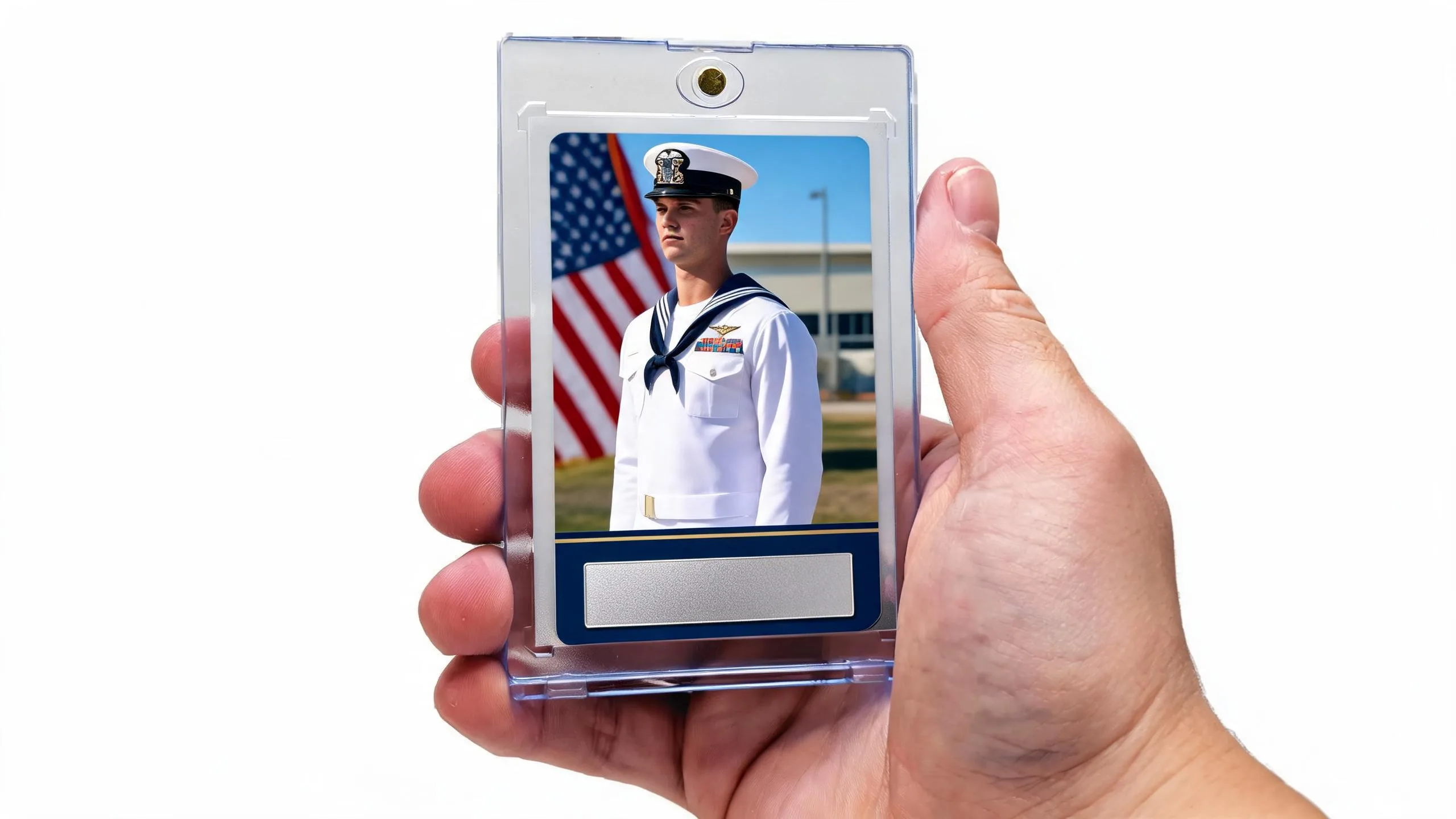 Hand holding magnetic case with sailor card, a navy boot camp graduation gift idea