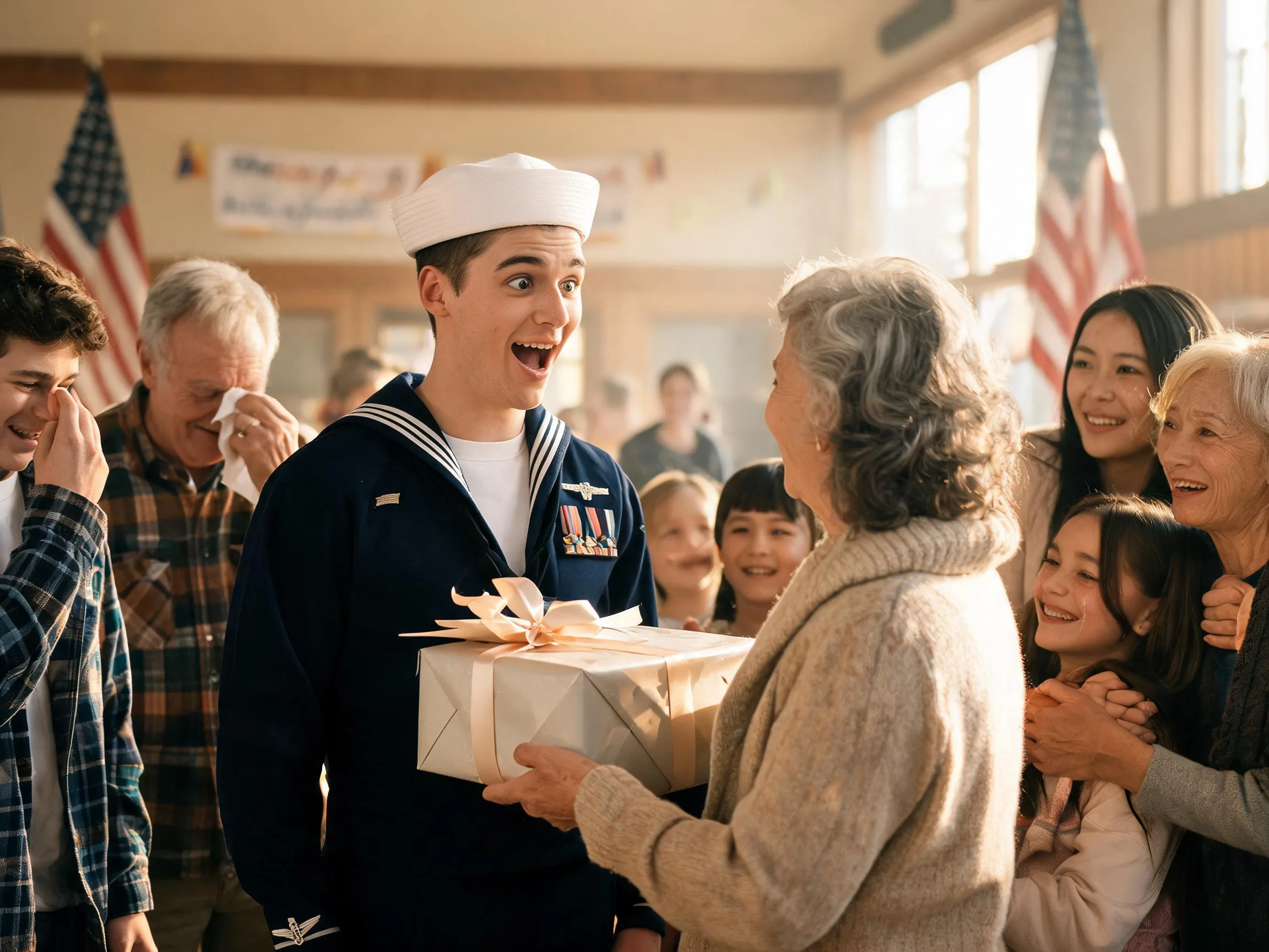 Family surprises smiling sailor with graduation gift in warm homecoming hall gathering
