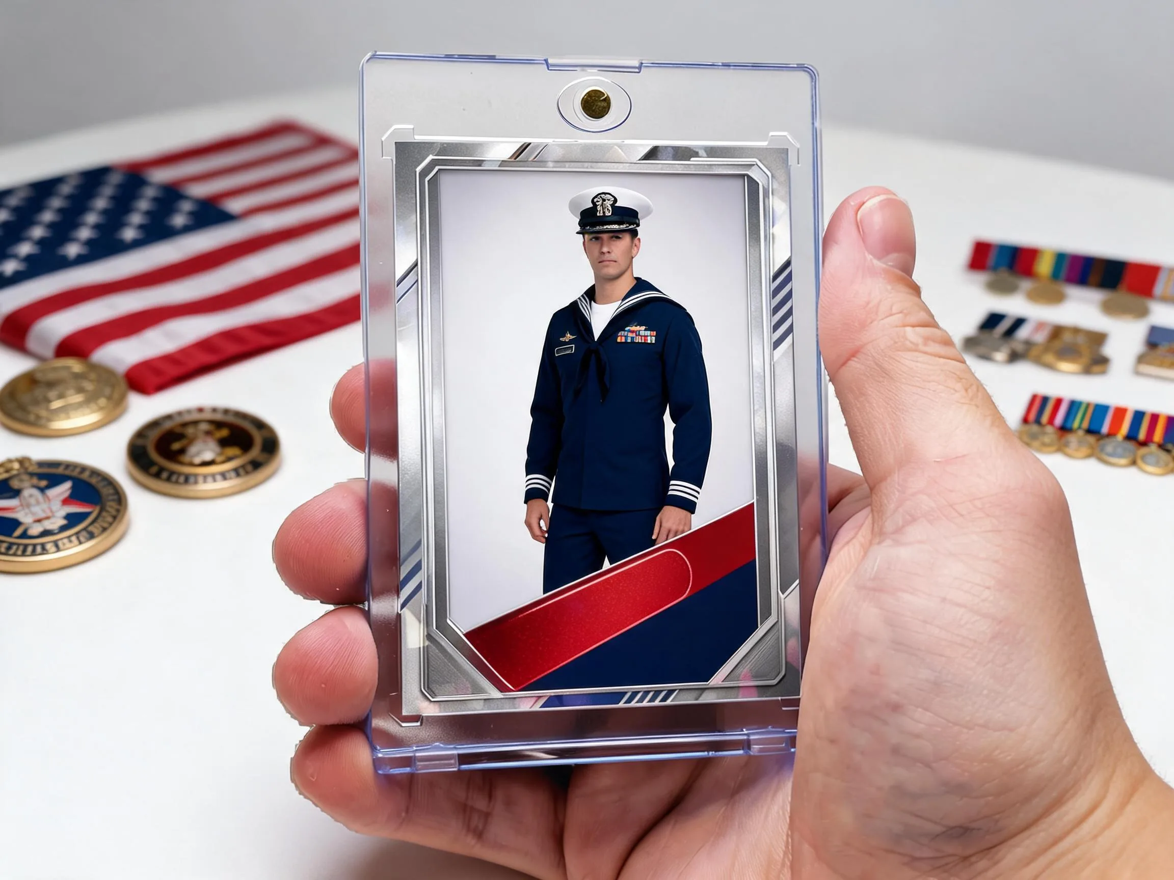 Custom navy sailor tribute trading card in magnetic case beside folded flag and coins