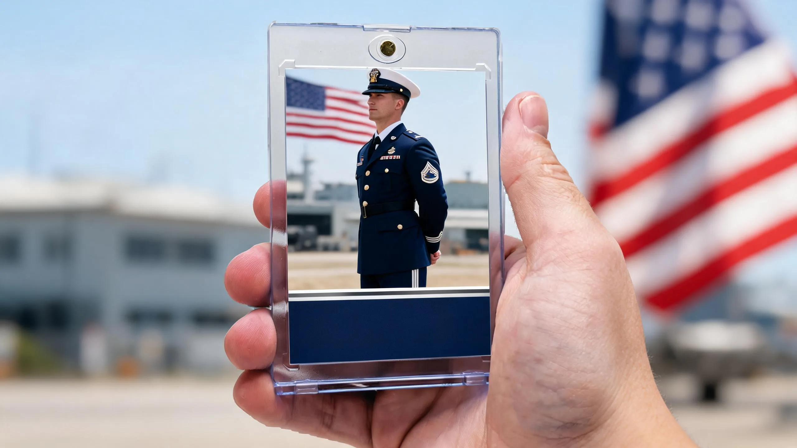 Hand holding magnetic case with navy boot camp graduation gifts sailor tribute trading card