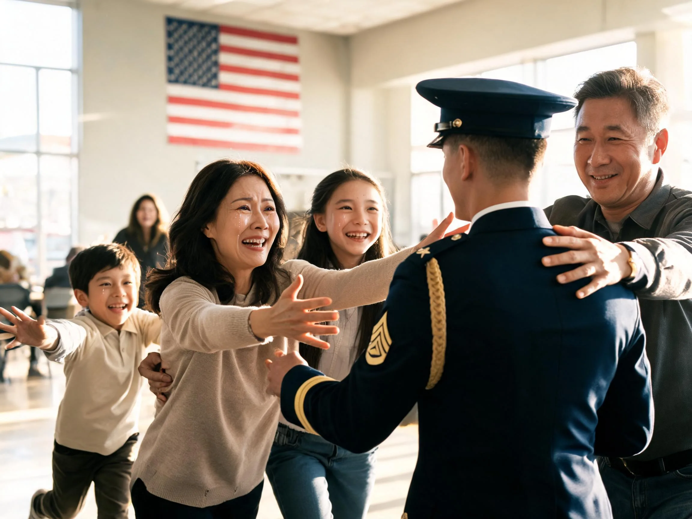 Family embracing returning service member with open arms in warm homecoming hall light