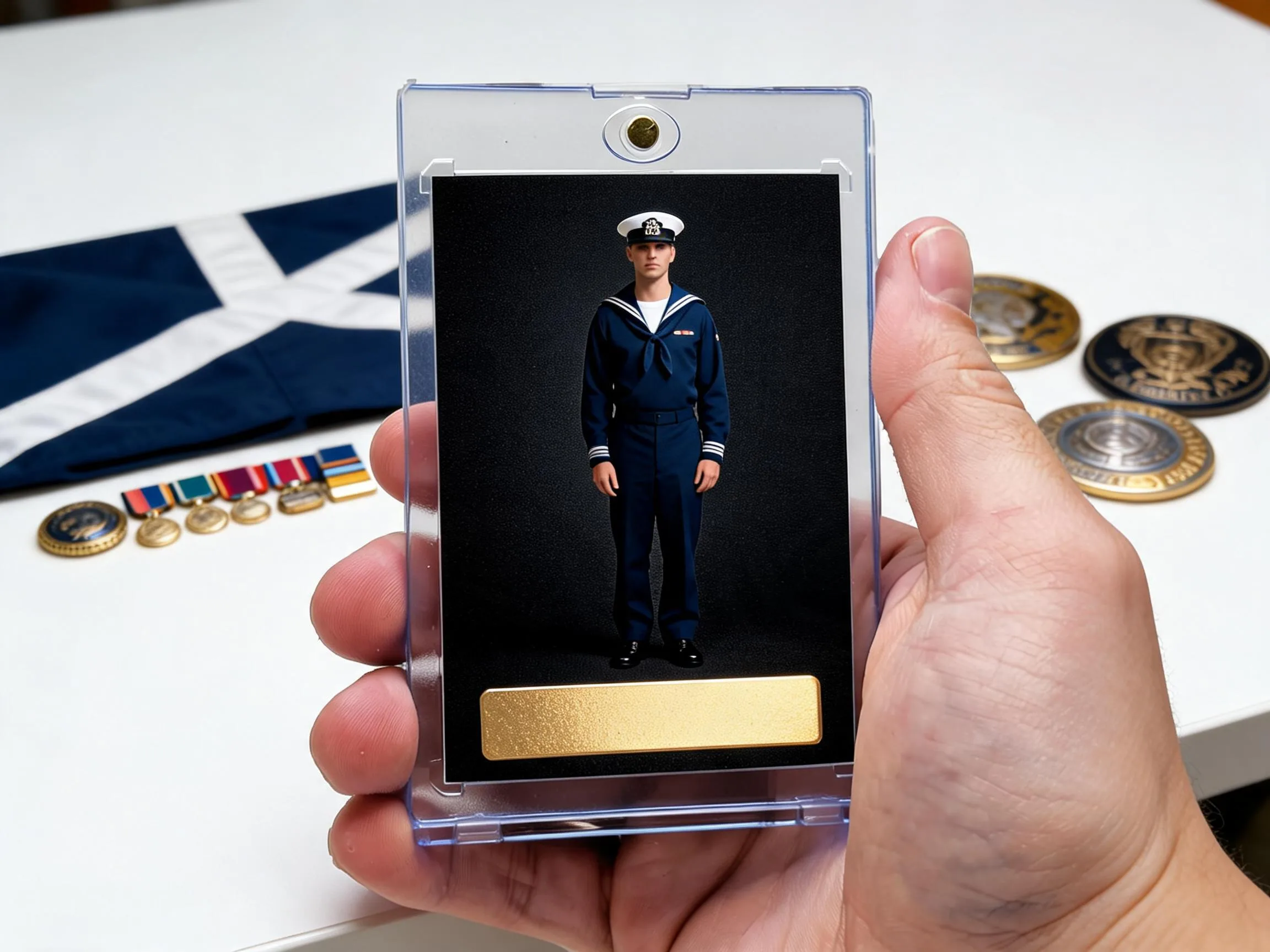 Custom military tribute trading card in magnetic case beside folded flag and coins