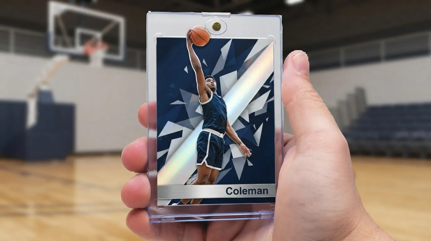 Hand holding magnetic case with nba 2k card creator dunking player card, chrome refractor finish.