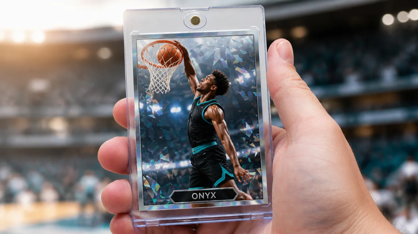 Custom NBA 2K-style basketball card from the card generator, held in a magnetic case