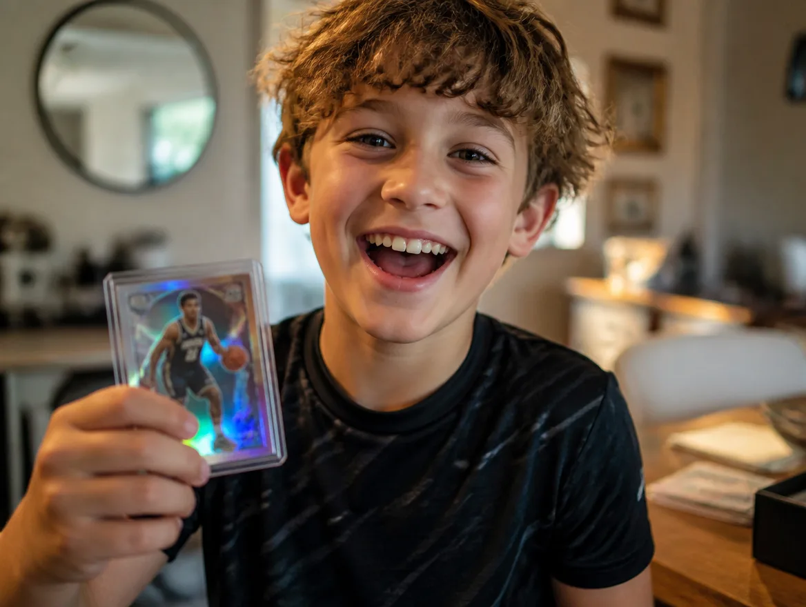 Excited kid holding up his custom basketball trading card