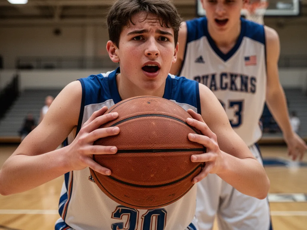 [Young athlete's hands holding basketball with focused expression showing determination and skill]