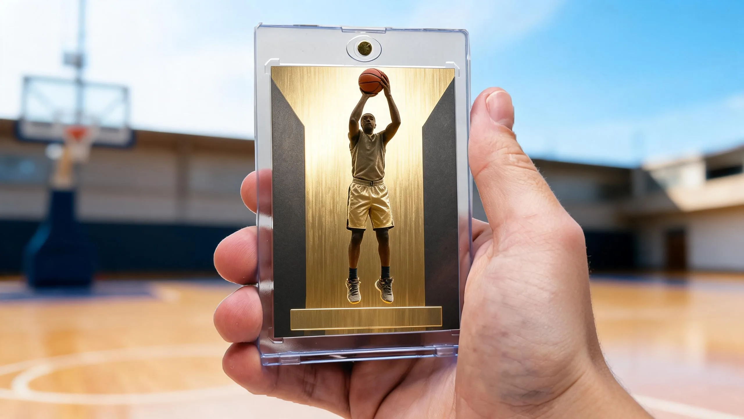 Hand holding magnetic case with gold basketball card, nba 2k card maker free design showcase.