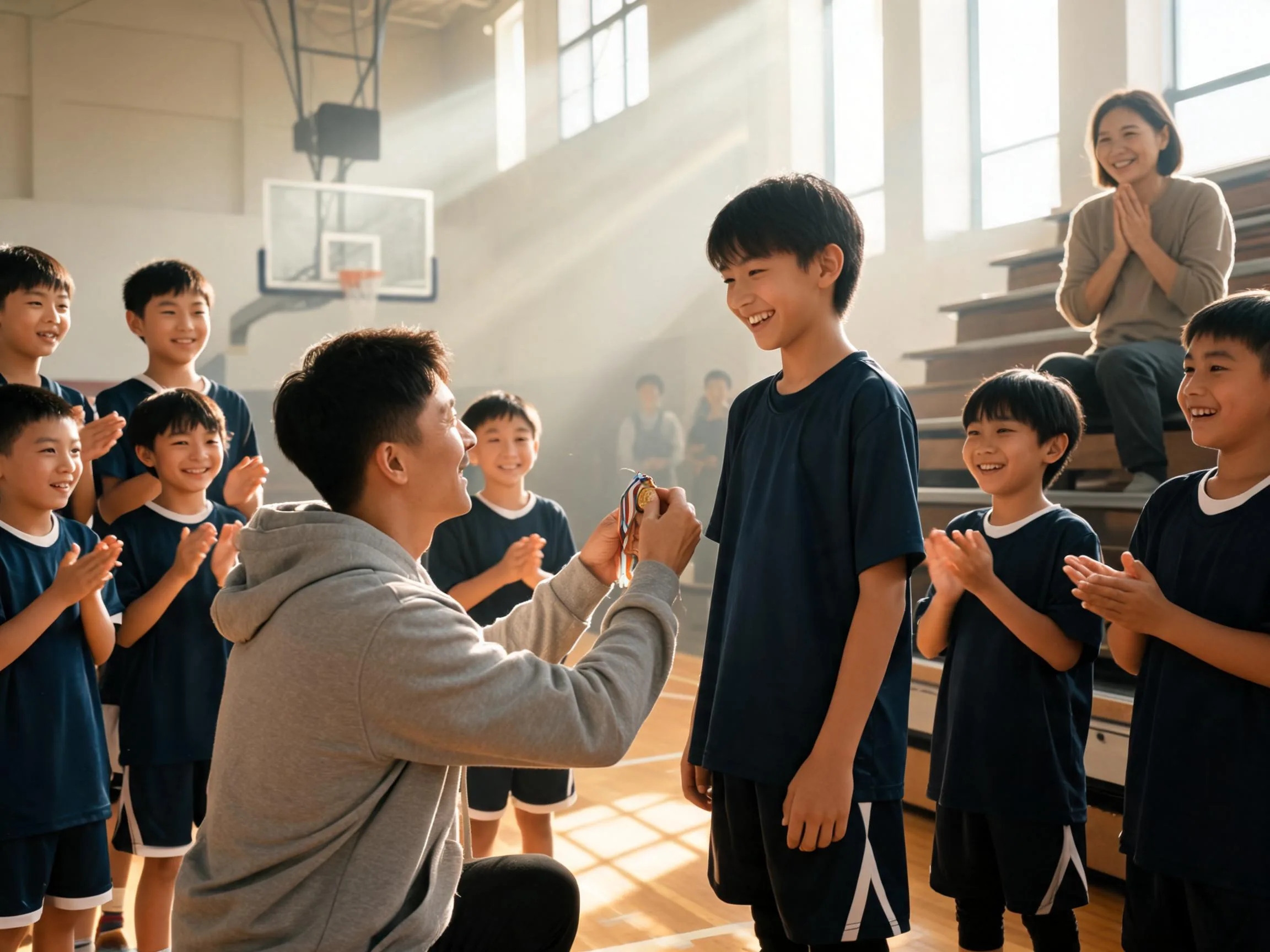 Coach and young athlete share proud celebration moment on sunlit basketball court.