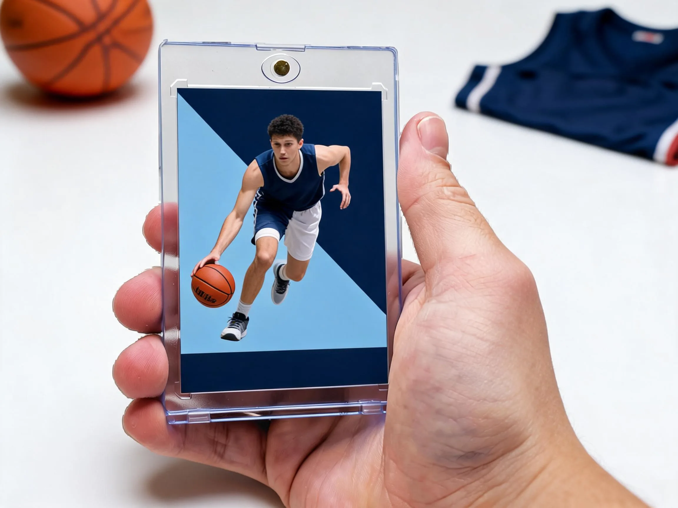 Custom basketball trading card in magnetic case on white tabletop display.