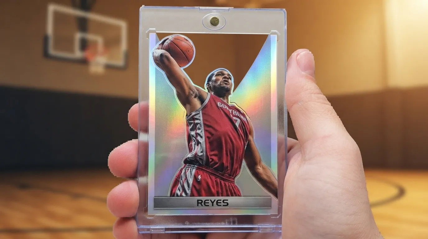 Hand holds magnetic case with nba 2k card maker dunk card, golden-hour gymnasium background