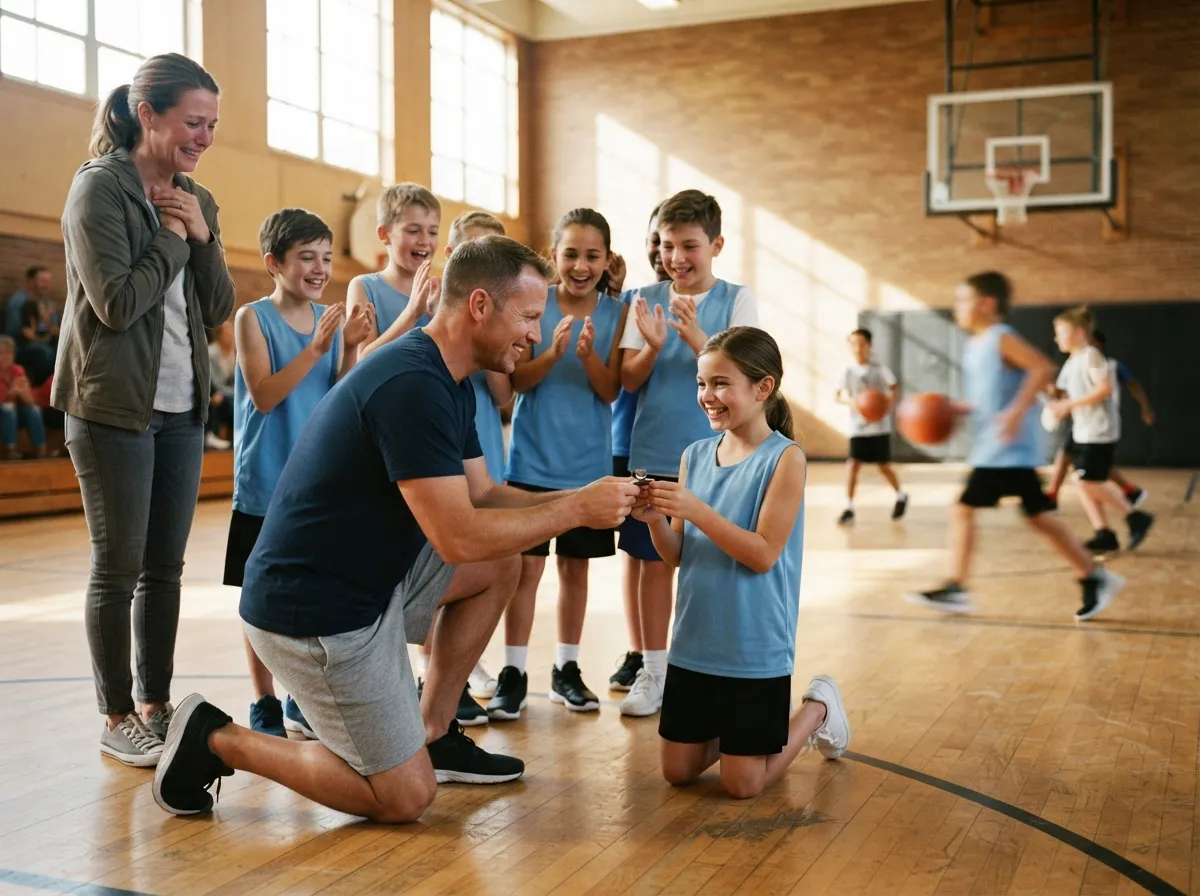 Coach shares proud moment with young basketball athlete as teammates and parent celebrate