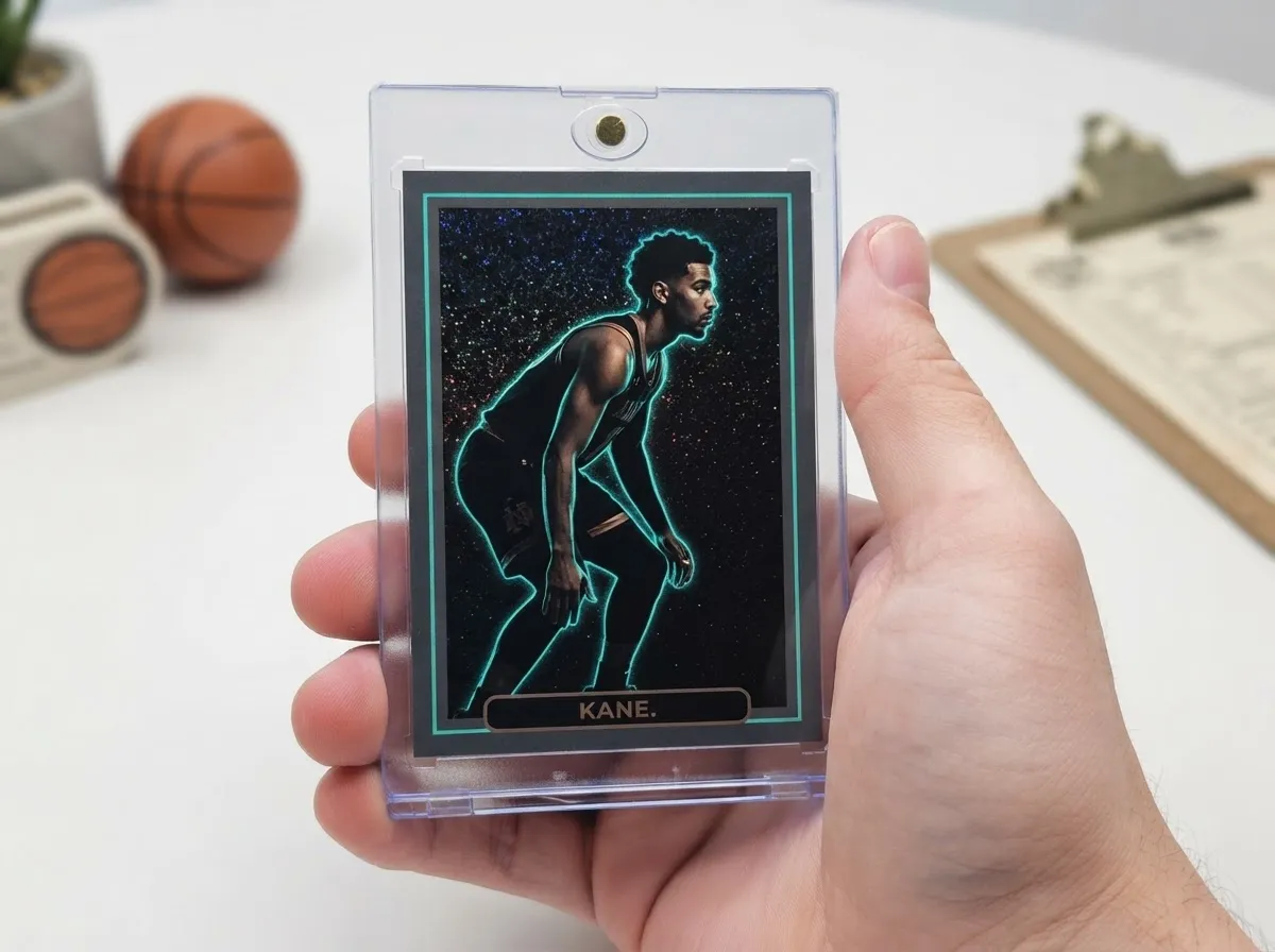 Custom basketball trading card in magnetic case, dark neon-lit design on white tabletop
