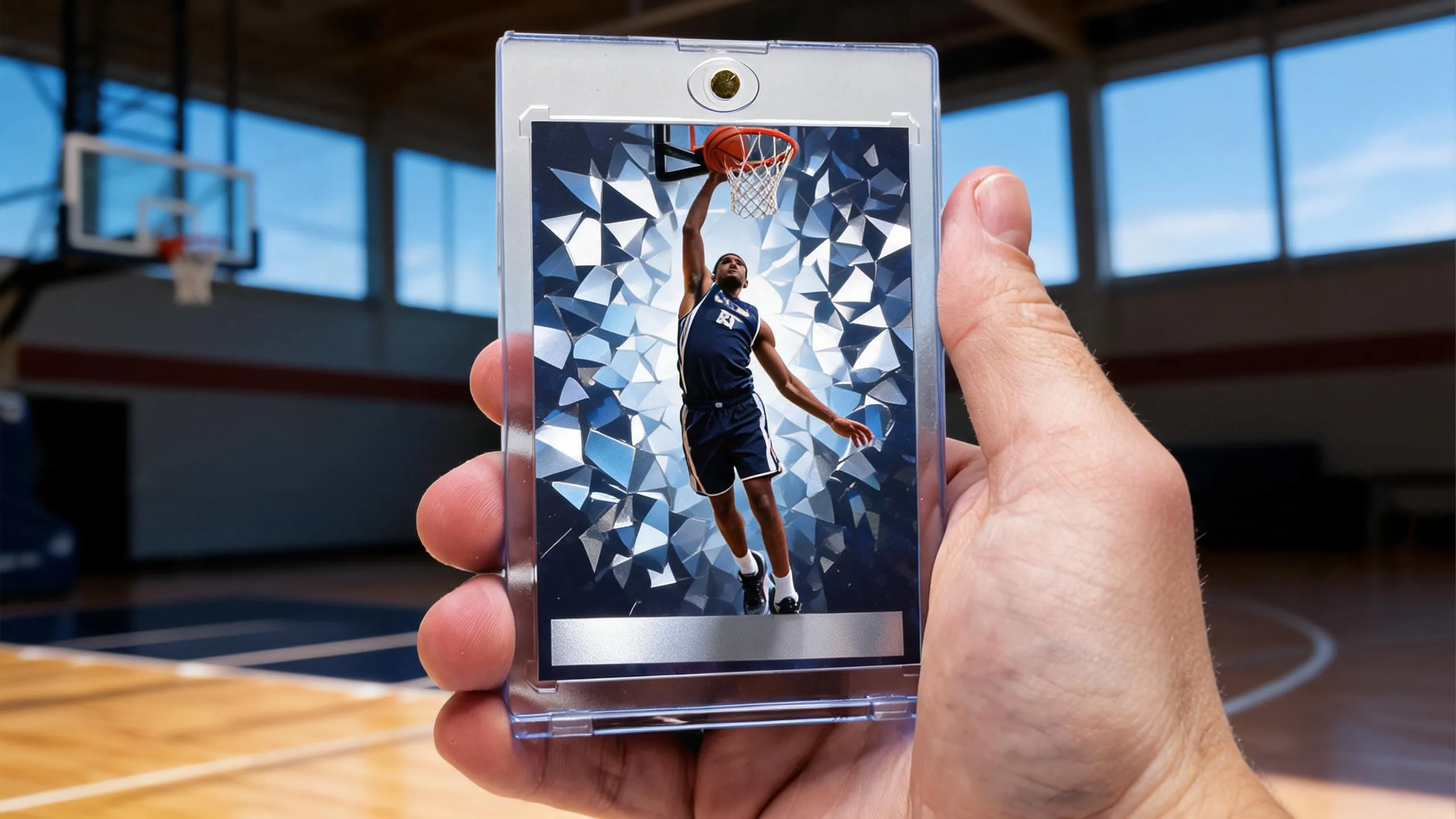 Hand holding nba 2k card template in magnetic case, chrome blue basketball player design, sunny gym backdrop.