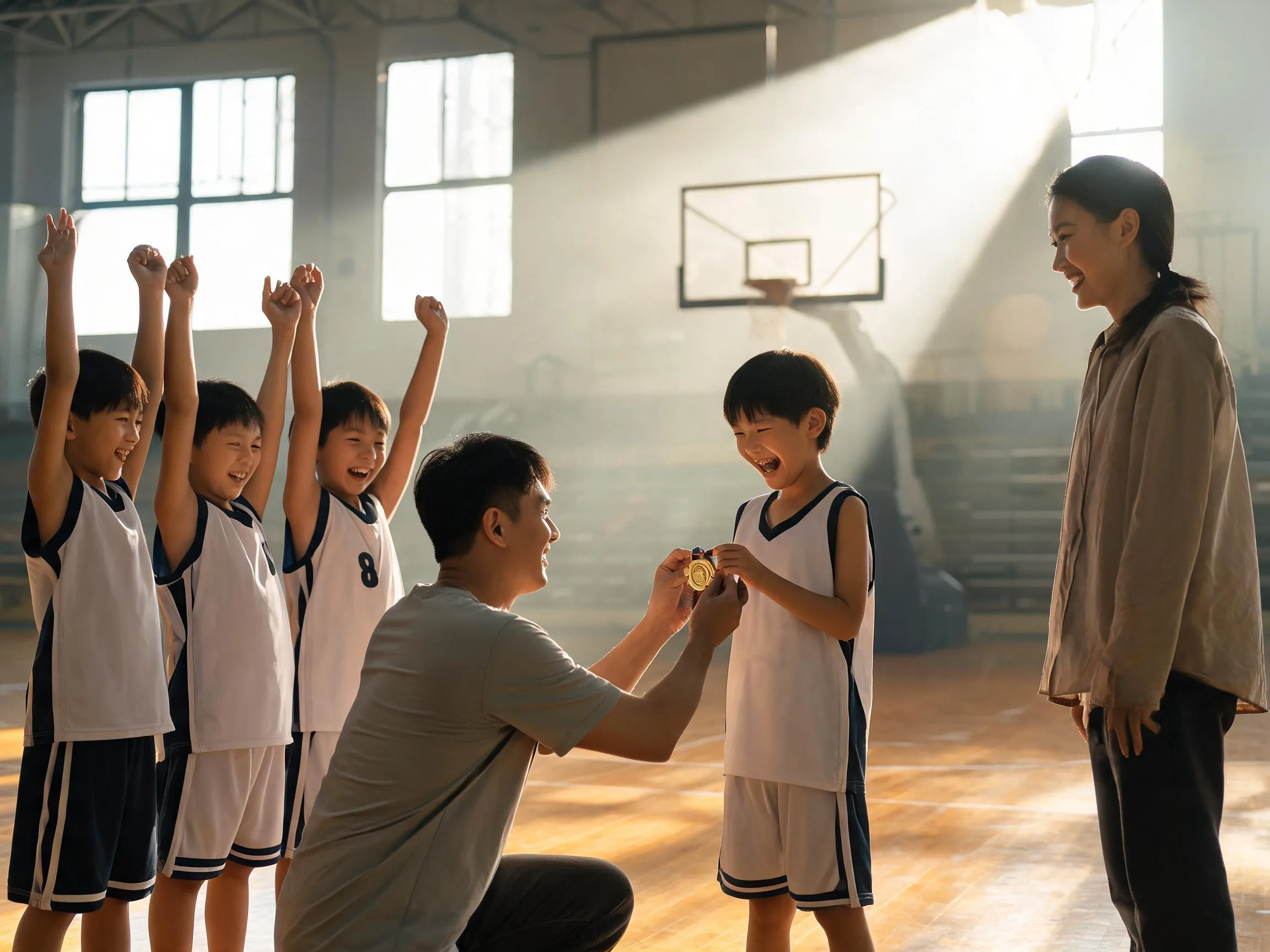 Coach and young athlete share proud celebration moment on sunlit gymnasium basketball court.