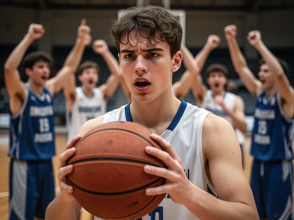Young basketball player concentrating with determination while teammates celebrate in background