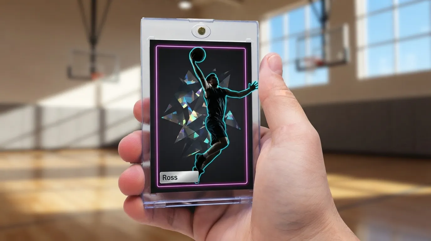 Hand holding magnetic case with dark neon-lit nba card maker basketball card, gym background.