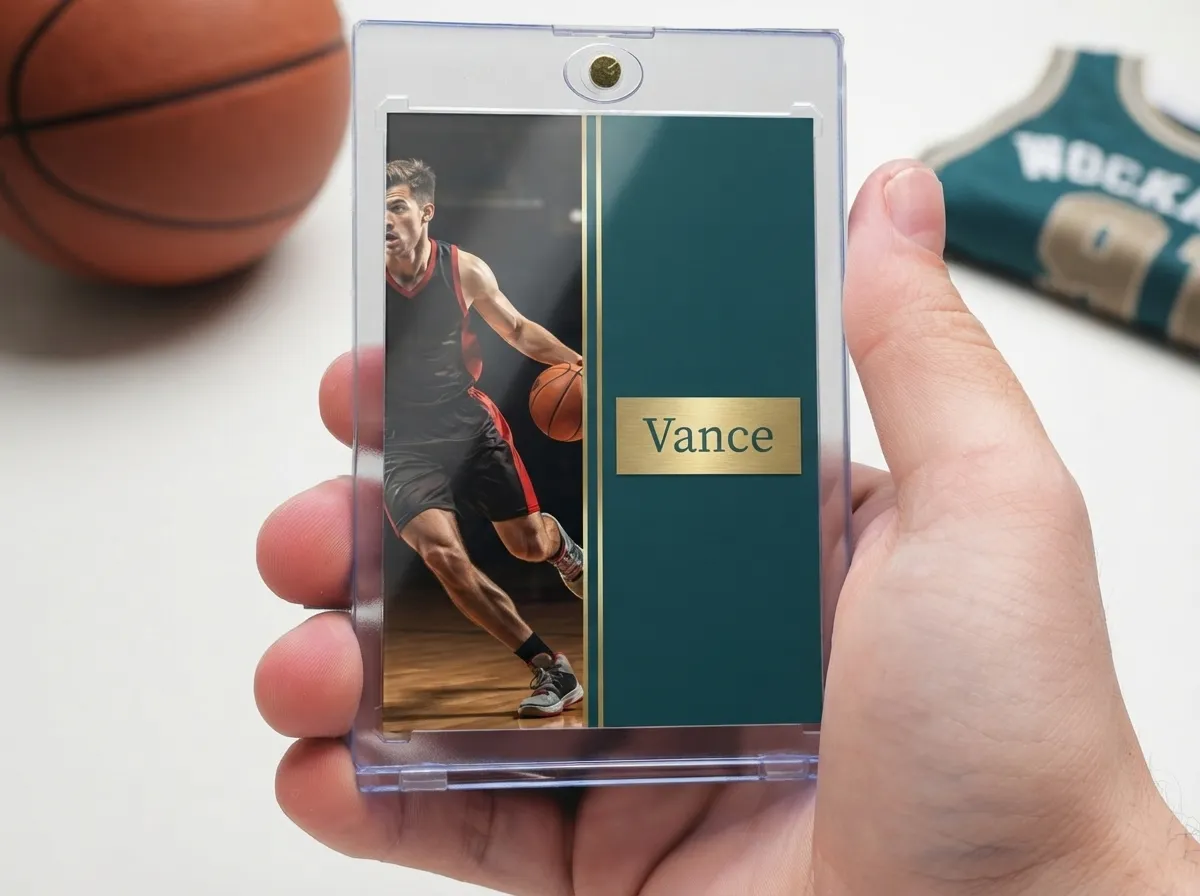 Magnetic case holding split-layout teal and gold custom basketball trading card on tabletop.