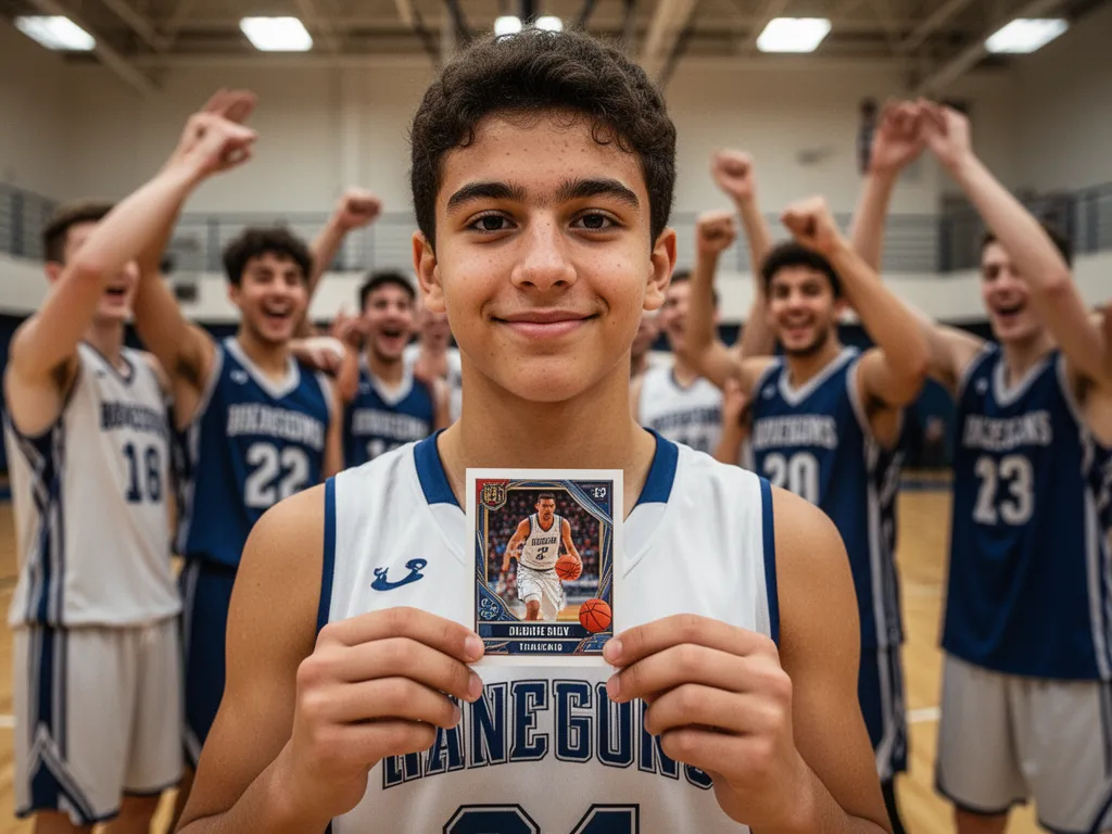 [Young basketball player proudly displaying custom trading card with teammates celebrating nearby]