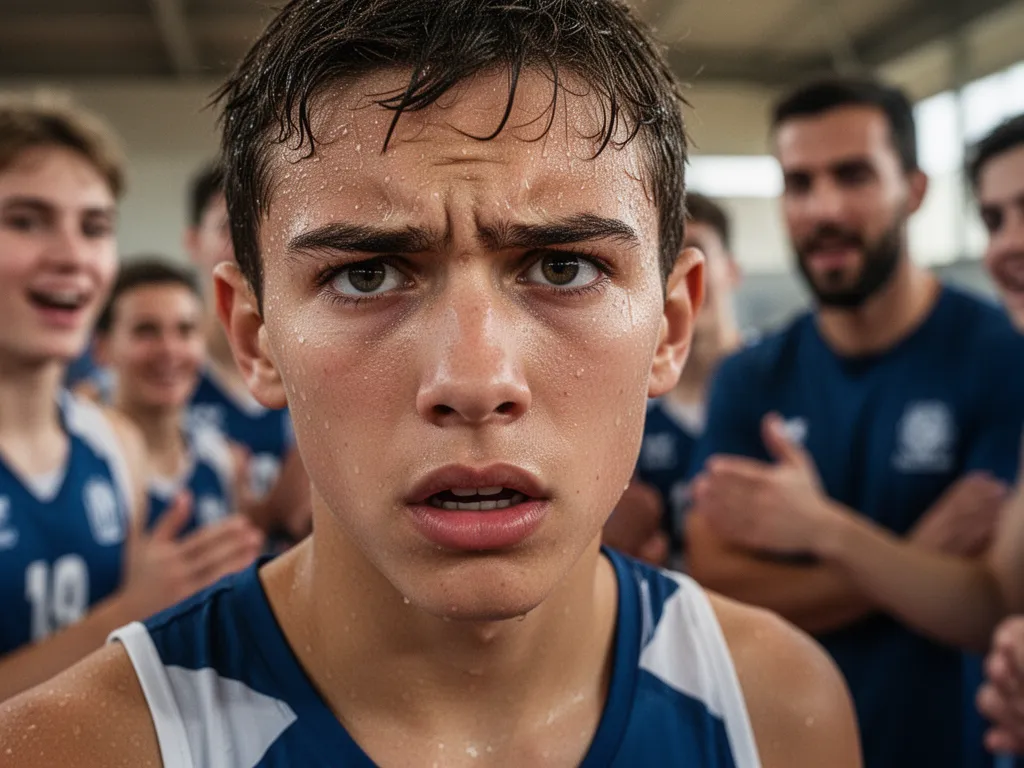 Young athlete's intense focused expression during competitive moment with team support visible