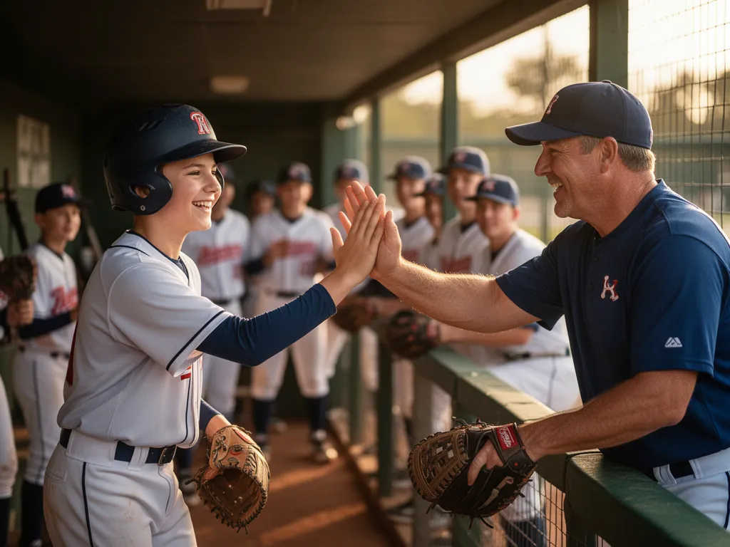 Young player high-fiving coach in dugout with proud teammates celebrating in background