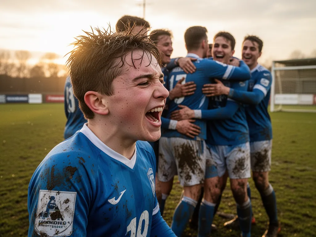 [Young soccer player celebrating goal with teammates showing emotion and team unity]
