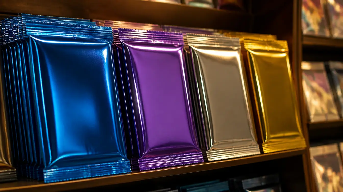 Sealed foil trading card packs freshly stacked on a store shelf