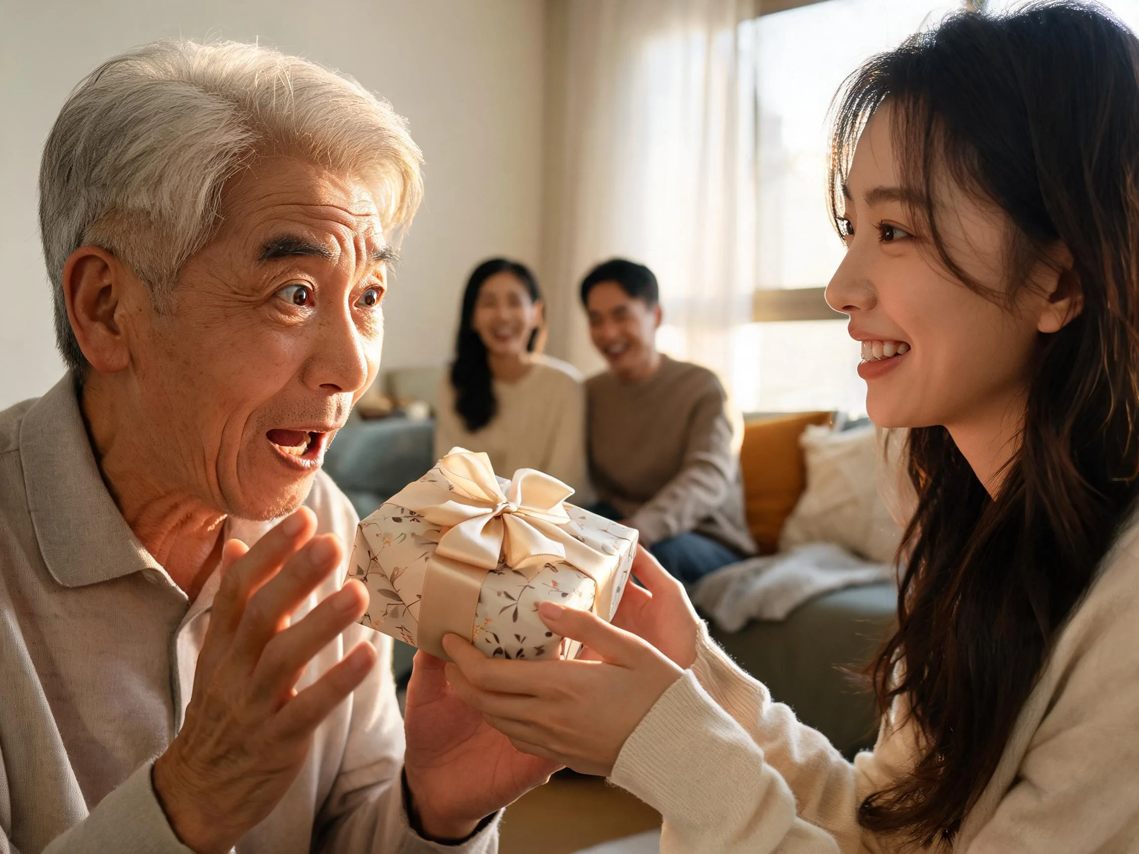 Grandfather reacting with joyful surprise as he receives an unexpected wrapped gift indoors.