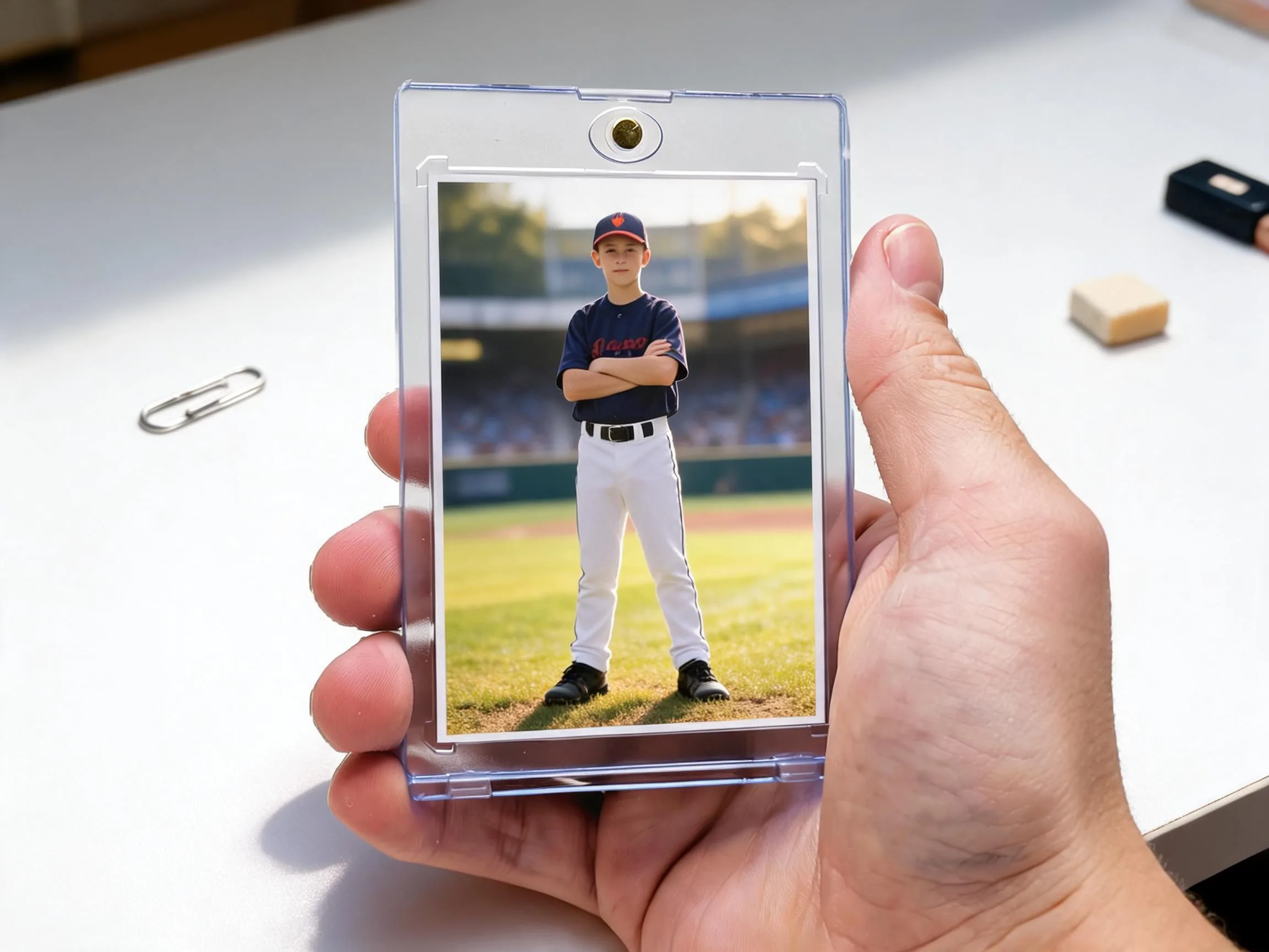Custom keepsake trading card in a magnetic case showing a sunlit stadium athlete portrait.