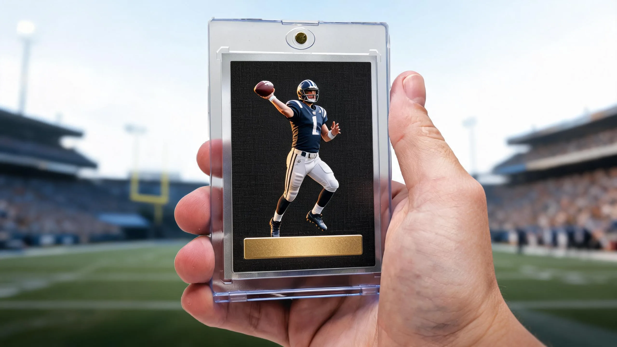Hand holding magnetic case with custom nfl card maker football design at a bright stadium