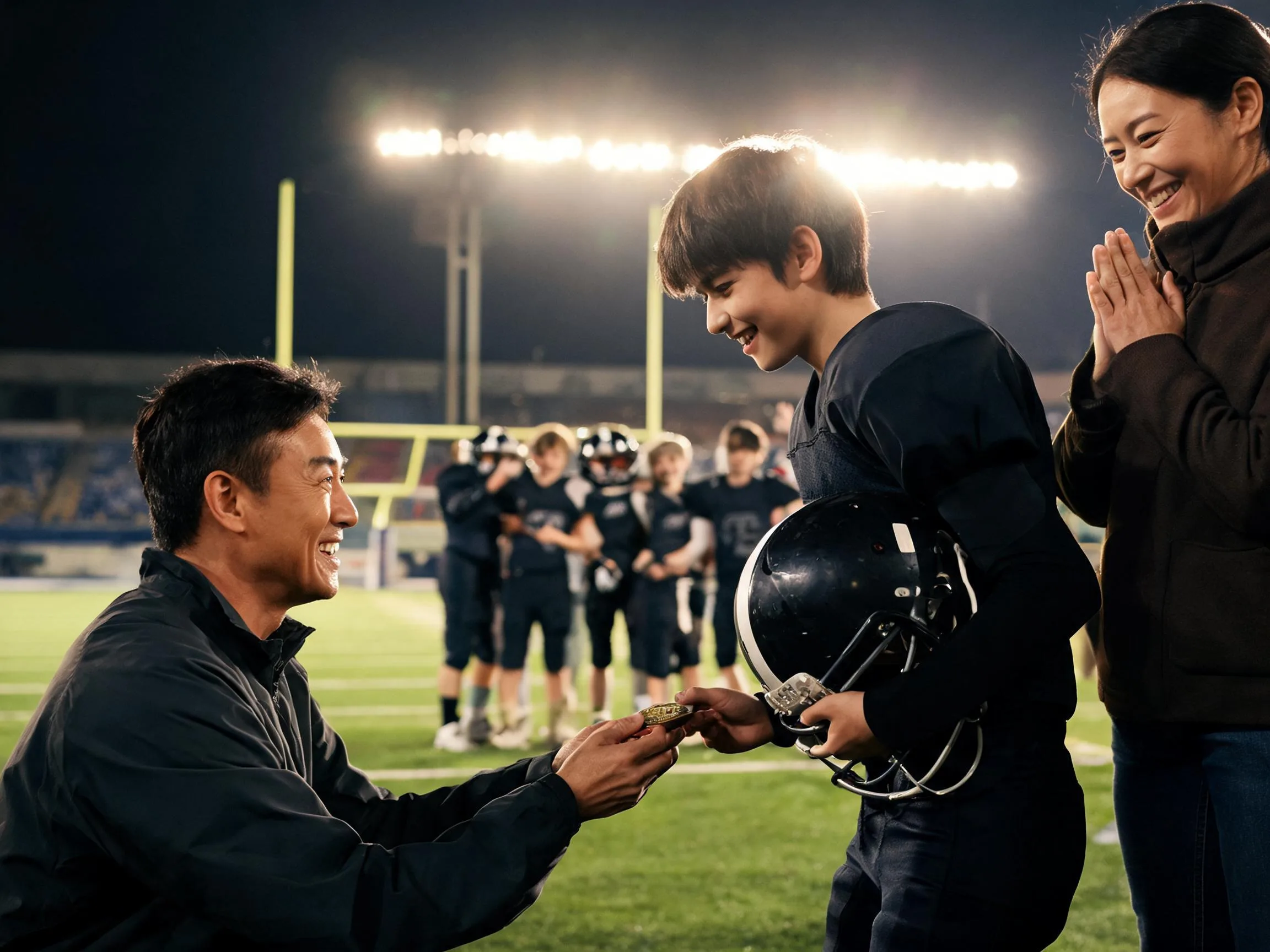 Coach and young football player share proud celebration moment under stadium lights