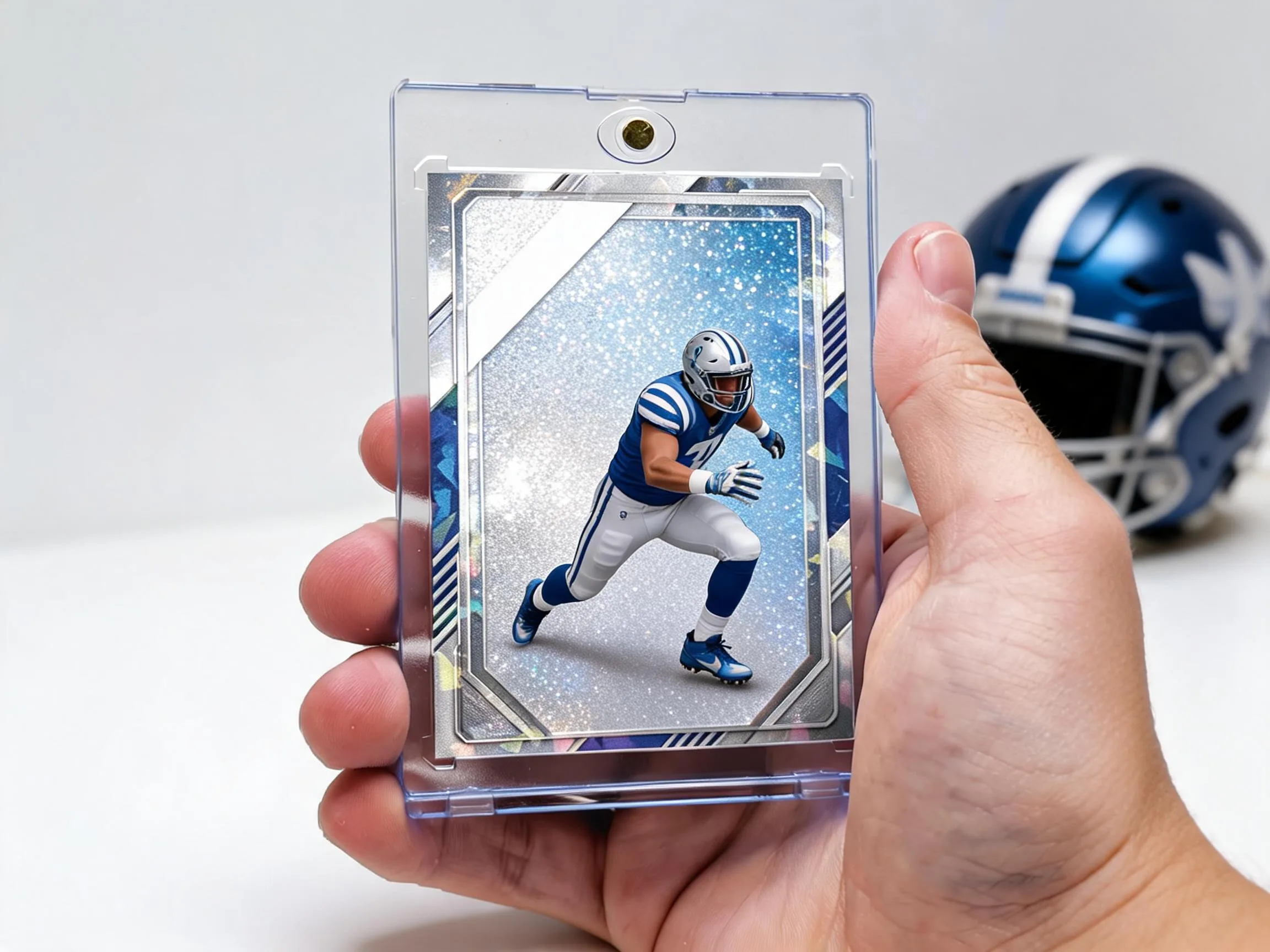 Custom football trading card in clear magnetic case with icy blue refractor design