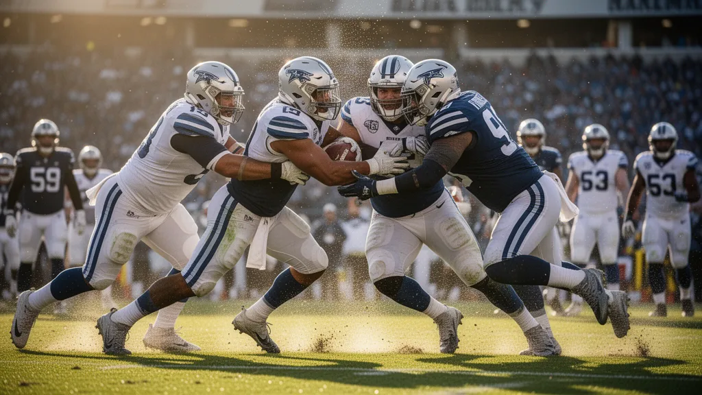 Football players in intense collision during live game action with dynamic athletic movement