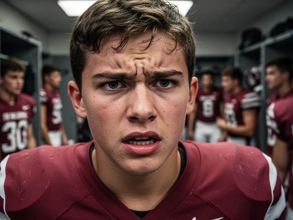 Young athlete displaying focused determination in locker room before football competition