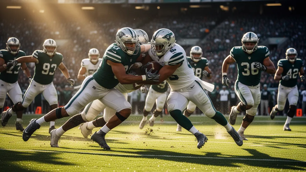 Football players in intense mid-game action under bright natural lighting on field