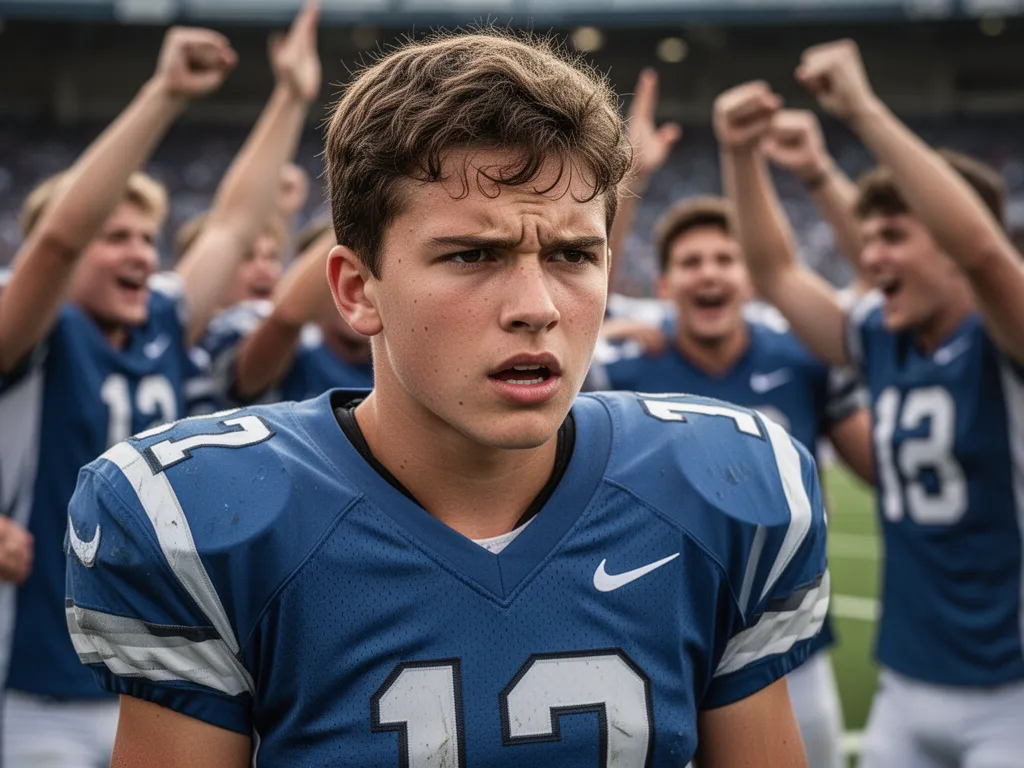 Young football player displaying intense determination and emotion during competitive moment